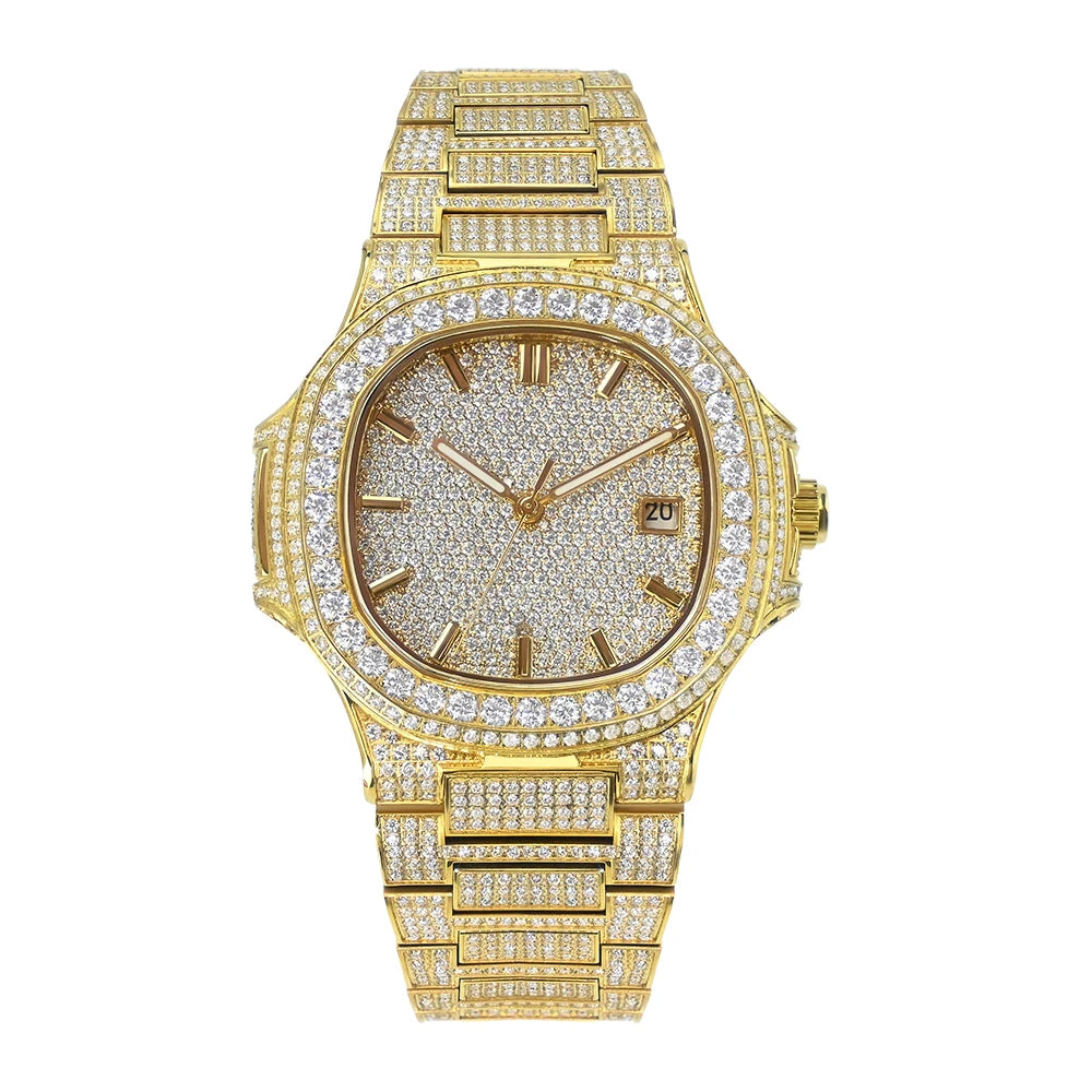 SEAKOSS Full Iced Out Moissanite Watch for Men Luxury Automatic Mechanical Wristwatch Date Display 5ATM Men's Diamond Watches