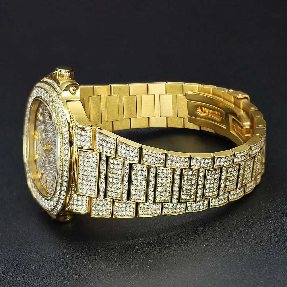 SEAKOSS Full Iced Out Moissanite Watch for Men Luxury Automatic Mechanical Wristwatch Date Display 5ATM Men's Diamond Watches