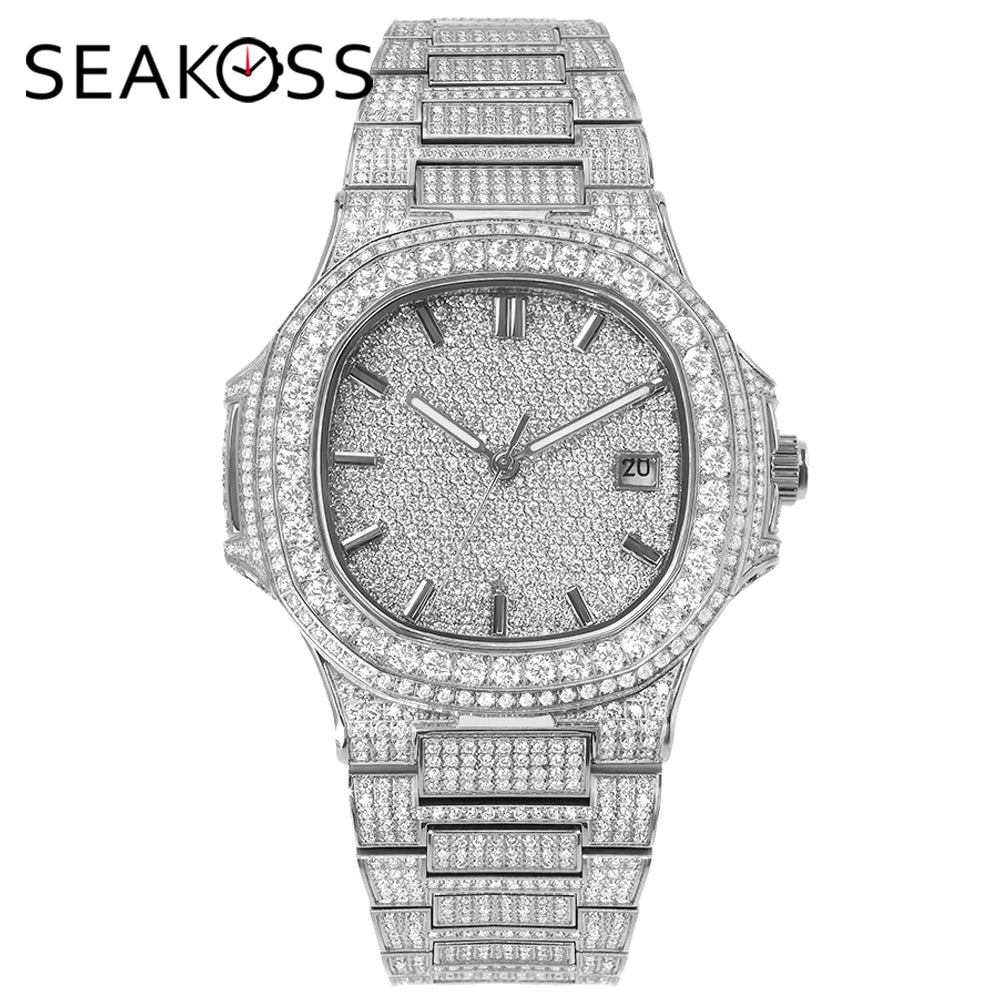 SEAKOSS Full Iced Out Moissanite Watch for Men Luxury Automatic Mechanical Wristwatch Date Display 5ATM Men's Diamond Watches
