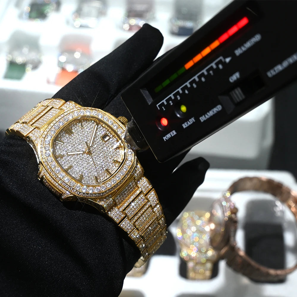 SEAKOSS Full Iced Out Moissanite Watch for Men Luxury Automatic Mechanical Wristwatch Date Display 5ATM Men's Diamond Watches