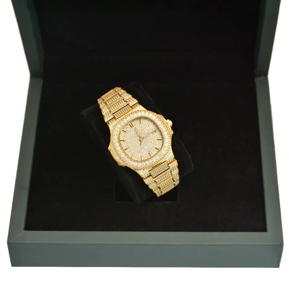 SEAKOSS Full Iced Out Moissanite Watch for Men Luxury Automatic Mechanical Wristwatch Date Display 5ATM Men's Diamond Watches