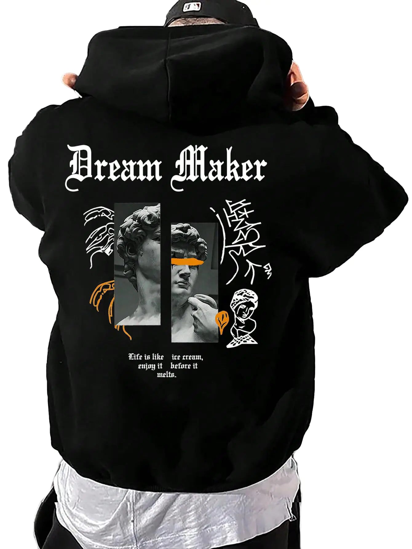 GORGLITTER Mens Slogan Graphic Hoodies Oversized Drawstring Thermal Kangaroo Pocket Sweatshirt Trendy Hoodies 2024 Black Figure X-Small