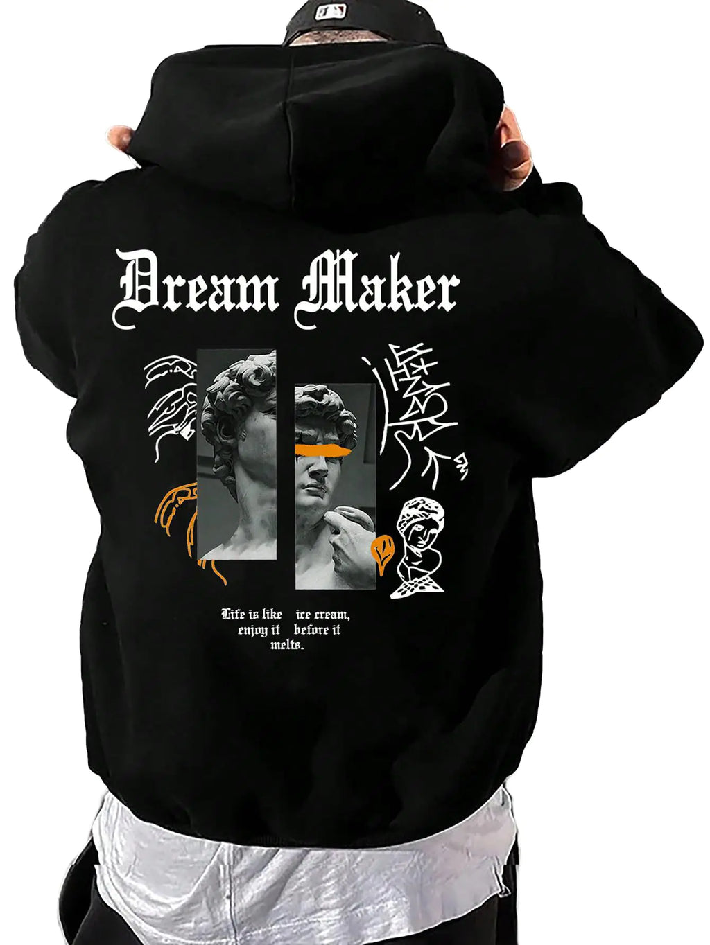 GORGLITTER Mens Slogan Graphic Hoodies Oversized Drawstring Thermal Kangaroo Pocket Sweatshirt Trendy Hoodies 2024 Black Figure X-Small