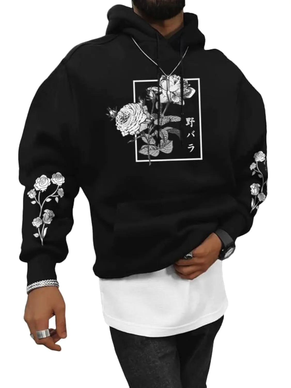 SOLY HUX Mens Floral Print Casual Graphic Hoodies Drawstring Long Sleeve Pullover Sweatshirt Black Floral M